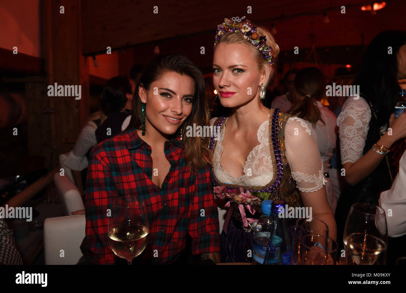 Actress Sophia Thomalla (L) and model Franziska Knuppe attend the 27th traditional 'Weisswurst party' (lit. Bavarian white sausage party) at the Stanglwirt Inn in Going, Germany, 19 January 2018. The 'Weisswurst party' is an event where stars and celebrities meet a day before the legendary Hahnenkamm downhill race. Photo: Felix Hörhager/dpa Stock Photo