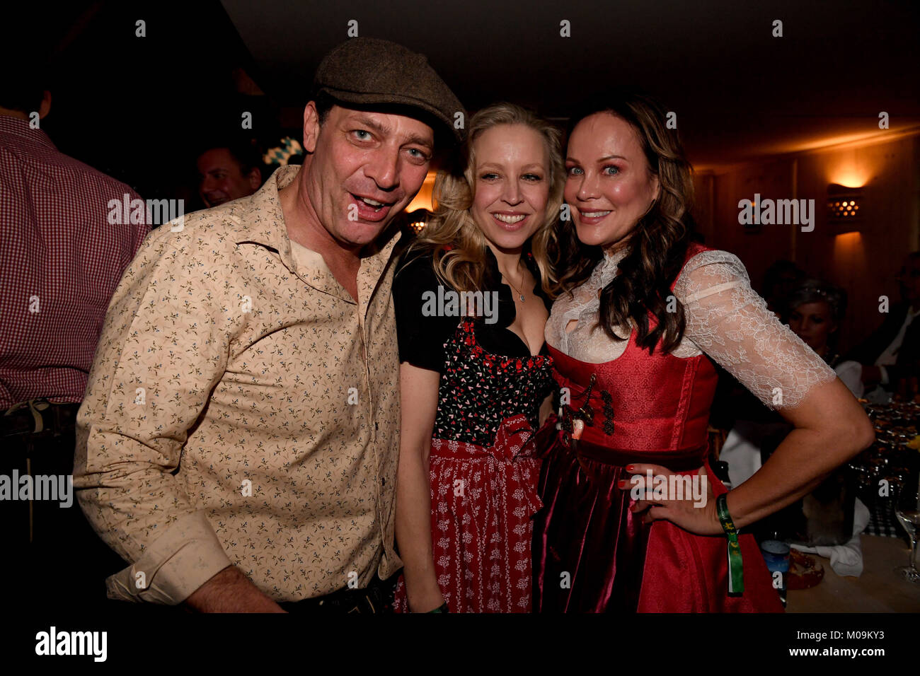 Actor Gregor Bloéb (L-R), his wife Nina Proll  and actress Sonja Kirchberger  attend the 27th traditional 'Weisswurst party' (lit. Bavarian white sausage party) at the Stanglwirt Inn in Going, Germany, 19 January 2018. The 'Weisswurst party' is an event where stars and celebrities meet a day before the legendary Hahnenkamm downhill race. Photo: Felix Hörhager/dpa Stock Photo
