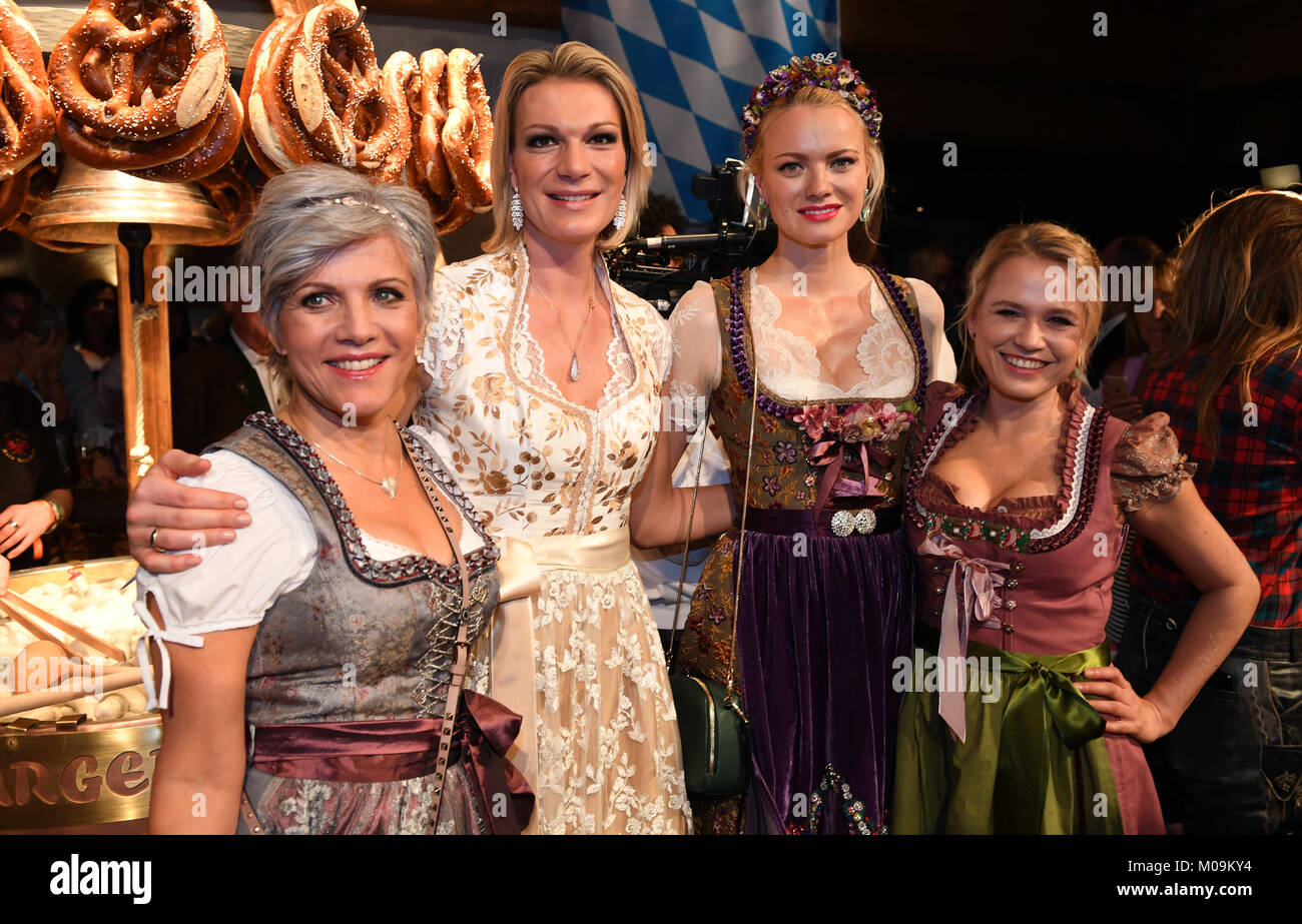 Presenter Birgit Schrowange (L-R), alpine skier Maria Hoefl-Riesch, model Franziska Knuppe and presenter Nova Meierhenrich attend the 27th traditional 'Weisswurst party' (lit. Bavarian white sausage party) at the Stanglwirt Inn in Going, Germany, 19 January 2018. The 'Weisswurst party' is an event where stars and celebrities meet a day before the legendary Hahnenkamm downhill race. Photo: Felix Hörhager/dpa Stock Photo