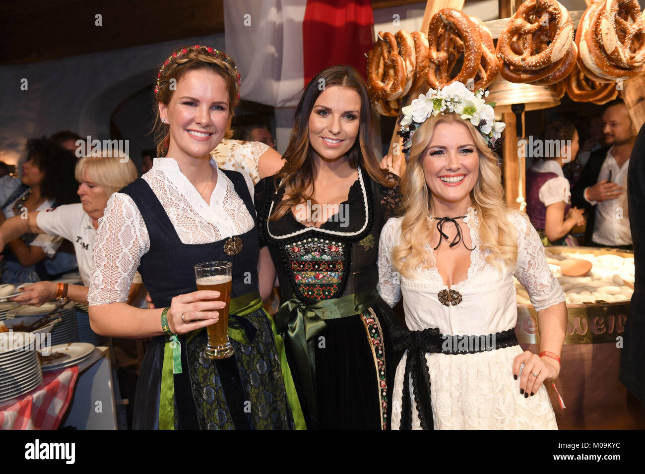 Model Monica Ivancan (L-R),  presenter Laura Wontorra and presenter Jennifer Knaeble  attend the 27th traditional 'Weisswurst party' (lit. Bavarian white sausage party) at the Stanglwirt Inn in Going, Germany, 19 January 2018. The 'Weisswurst party' is an event where stars and celebrities meet a day before the legendary Hahnenkamm downhill race. Photo: Felix Hörhager/dpa Stock Photo
