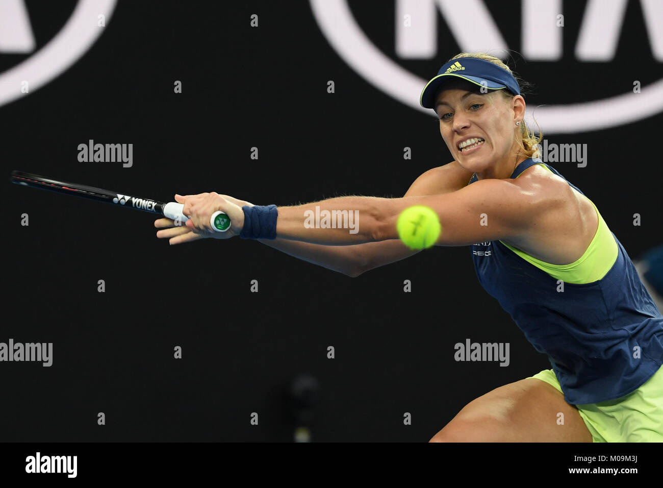 Melbourne, Australia. 20th Jan, 2018. 21st seed Angelique Kerber of Germany in action against Maria Sharapova of Russia in a 3rd round match on day six of the 2018 Australian Open Grand Slam tennis tournament in Melbourne, Australia. Kerber won 61 63. Credit: Cal Sport Media/Alamy Live News Stock Photo