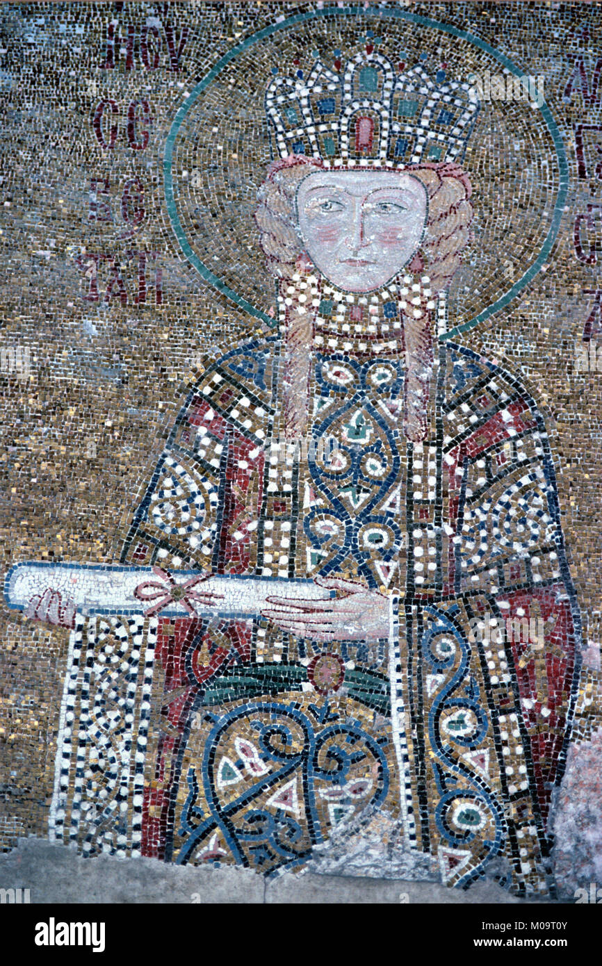Byzantine Mosaic or Portrait of Byzantine Empress Irene of Athens (c752-803) reigned 797-802, Holding a Scroll Manuscript in the South Gallery of Hagia Sophia Church Museum, Sultanahmet, Istanbul, Turkey Stock Photo