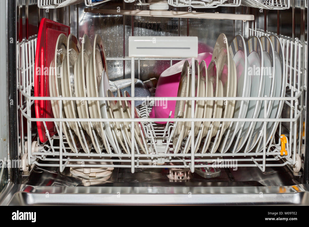 An open dishwasher with clean dishes Stock Photo Alamy