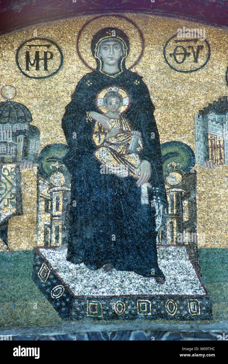 Byzantine Mosaic of Virgin Mary & Infant Jesus in the Vestibule of Hagia Sophia Church Museum, Sultanahmet, Istanbul, Turkey Stock Photo