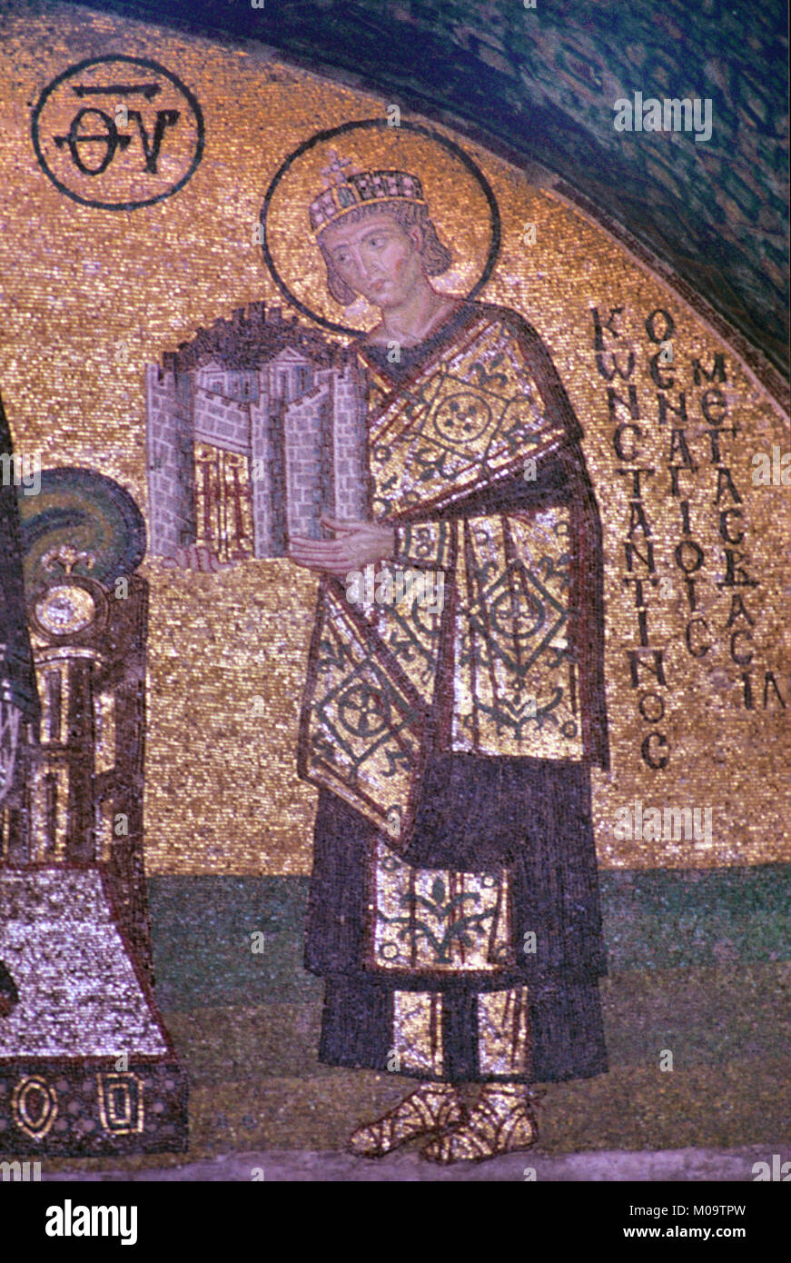 Byzantine Mosaic of Byzantine Emperor Constantine the Great or Saint Constantine I (272-337) Holding a Model or Offering of Byzantium or Constantinople to Virgin Mary in the Hagia Sophia Church Museum, Sultanahmet, Istanbul, Turkey Stock Photo
