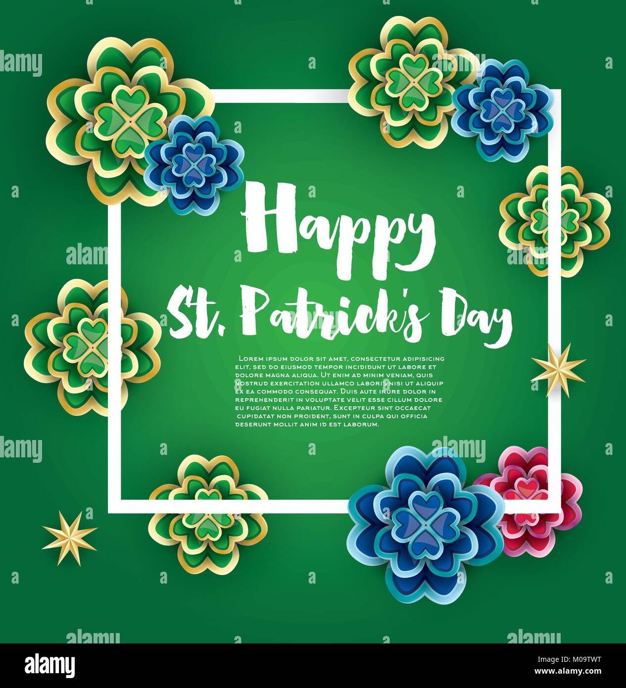 Saint Patrick's Day Background with Clover Leaves and Golden Stars. Vector illustration. Stock Vector