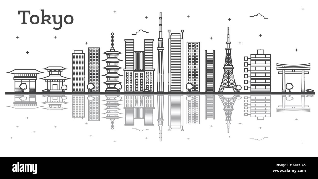Outline Tokyo Japan City Skyline with Modern Buildings Isolated on White. Vector Illustration. Tokyo Cityscape with Landmarks. Stock Vector