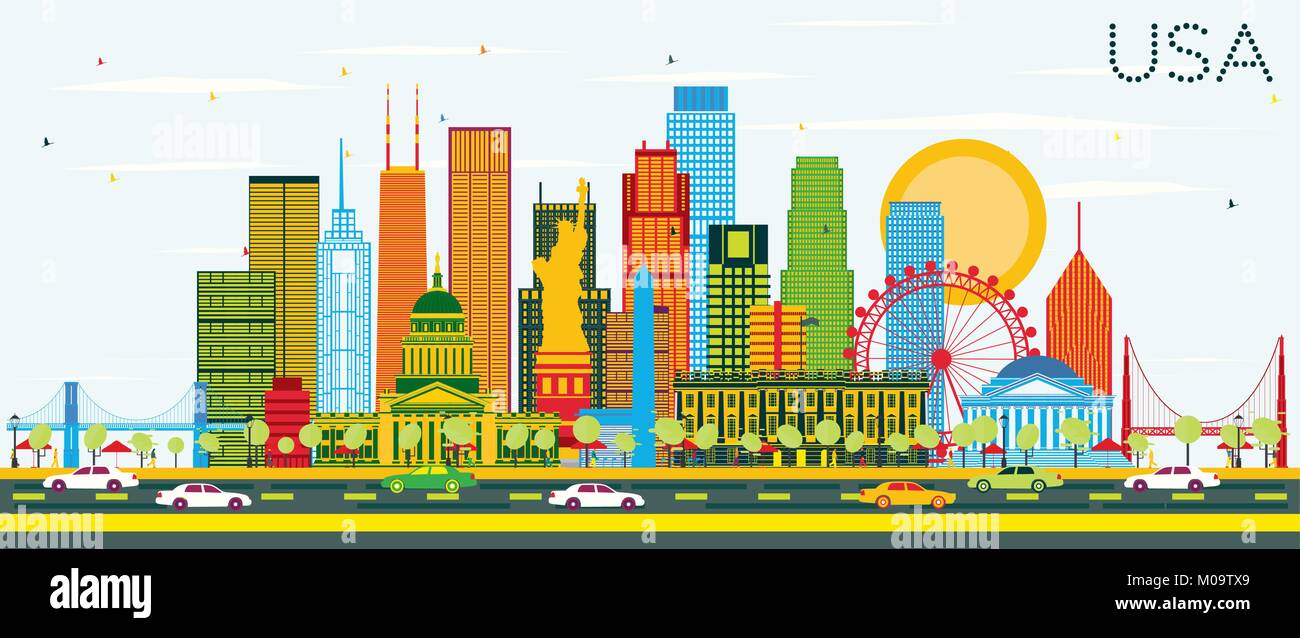USA Skyline with Color Skyscrapers and Landmarks. Vector Illustration. Business Travel and Tourism Concept with Modern Architecture. Stock Vector