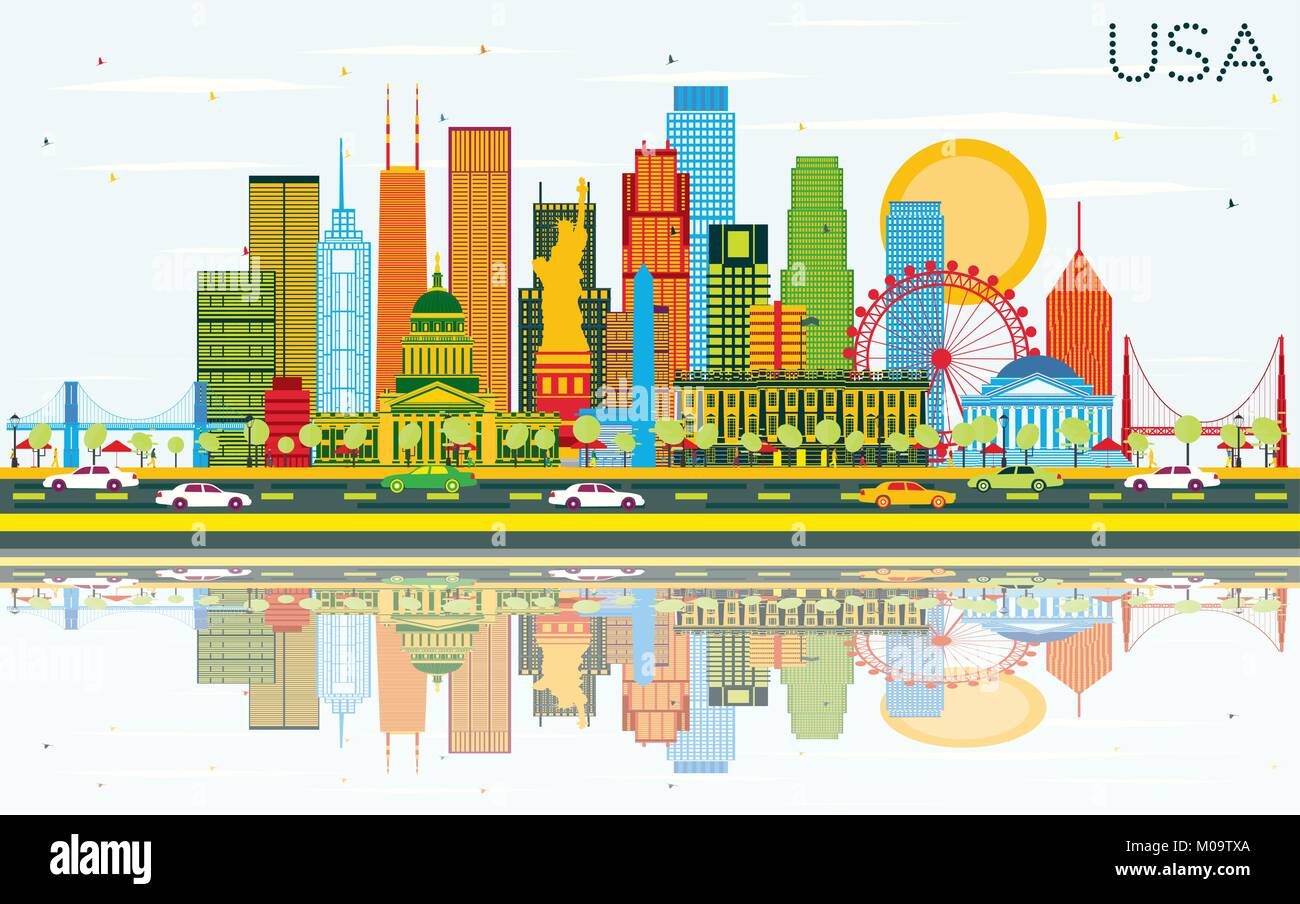 USA Skyline with Color Skyscrapers, Landmarks and Reflections. Vector Illustration. Business Travel and Tourism Concept with Modern Architecture. Stock Vector