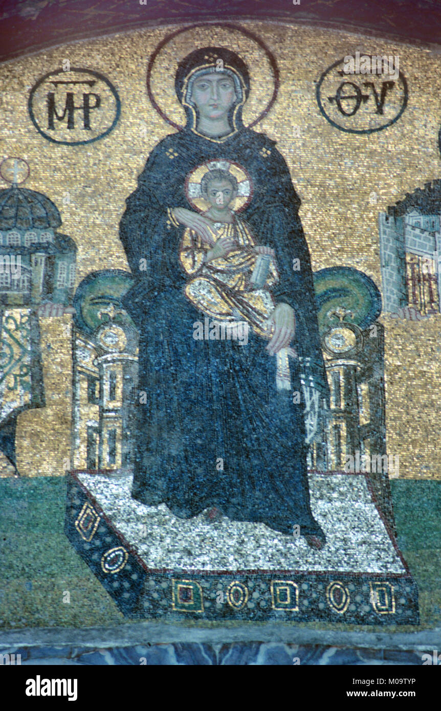 Byzantine Mosaic of the Virgin Mary and Infant Jesus in the Hagia Sophia Church Museum, Sultanahmet, Istanbul, Turkey Stock Photo
