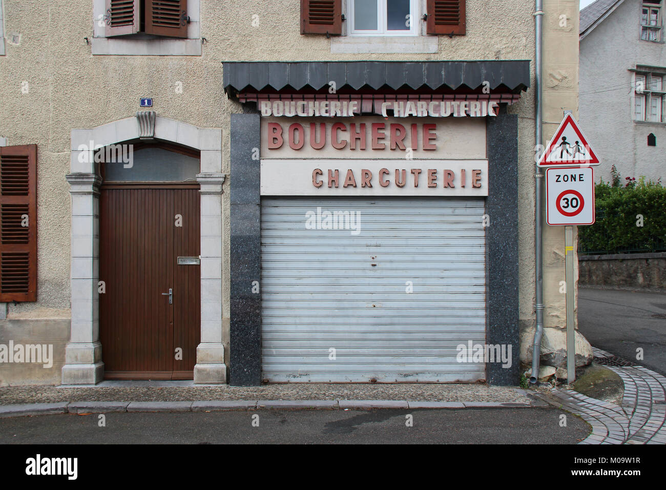 A butcher shop in Arudy (France). Stock Photo