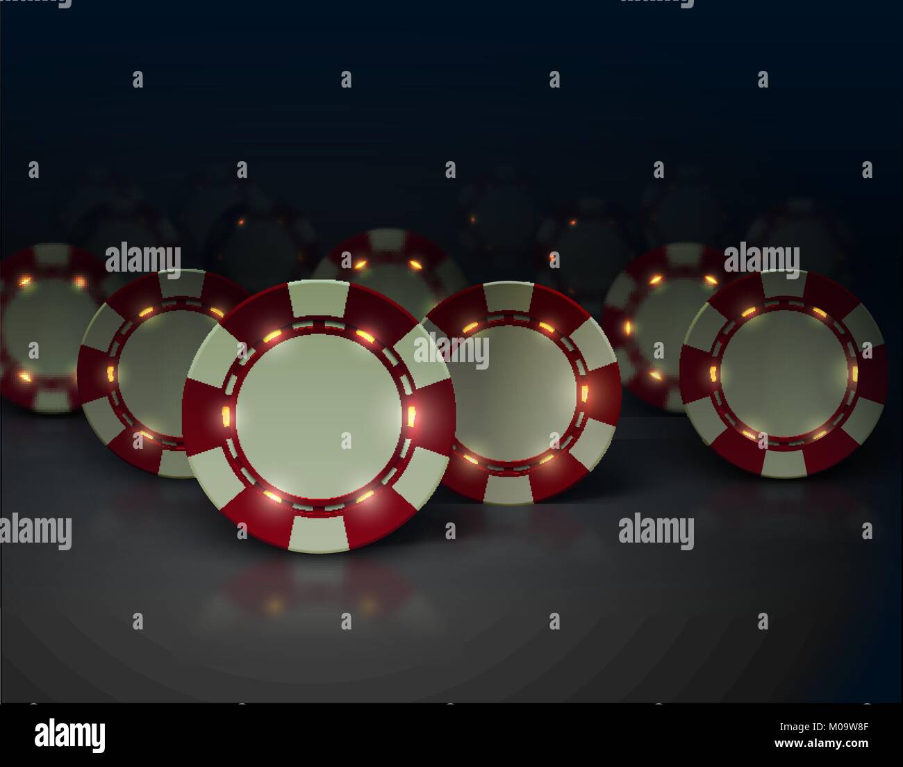 Vector casino poker chips with luminous lights elements. Dark background, glossy surface. White and red color. Group of objects with shadow Stock Vector