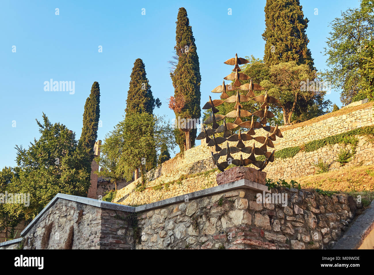 Birds monument on the castle hill in Soave, Italy Stock Photo