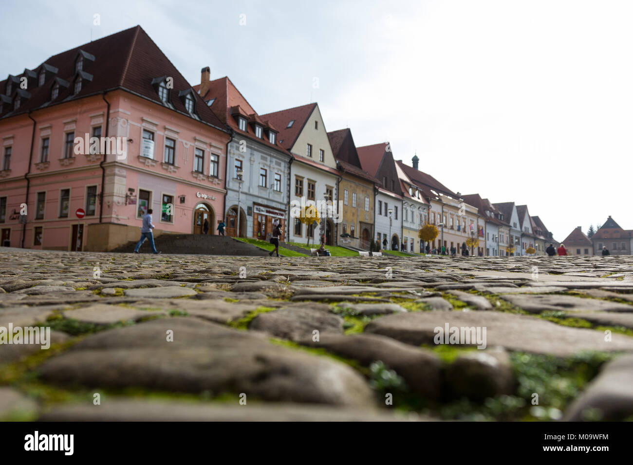 BARDEJOV, SLOVAKIA - November 7, 2014: Autumn  view of old town market square  with gothic Basilica of St. Giles, view from pavement stones,  in Barde Stock Photo