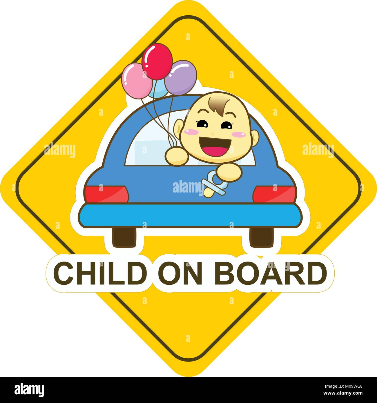 Baby on board sign, happy baby holding balloon in the car Stock Vector