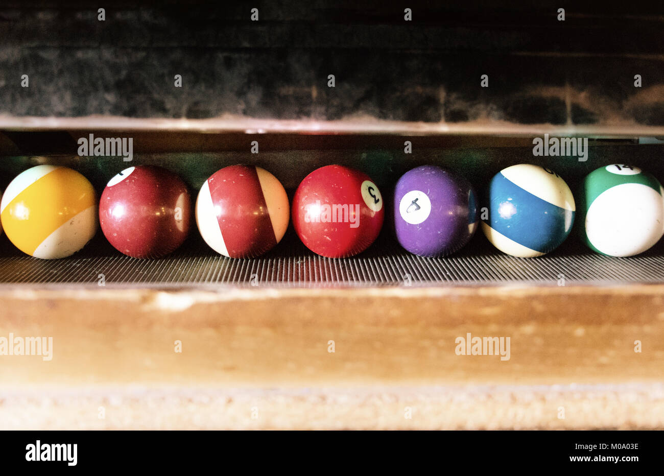 Group of vintage pool balls inside the table, closeup, retro style concept. Stock Photo