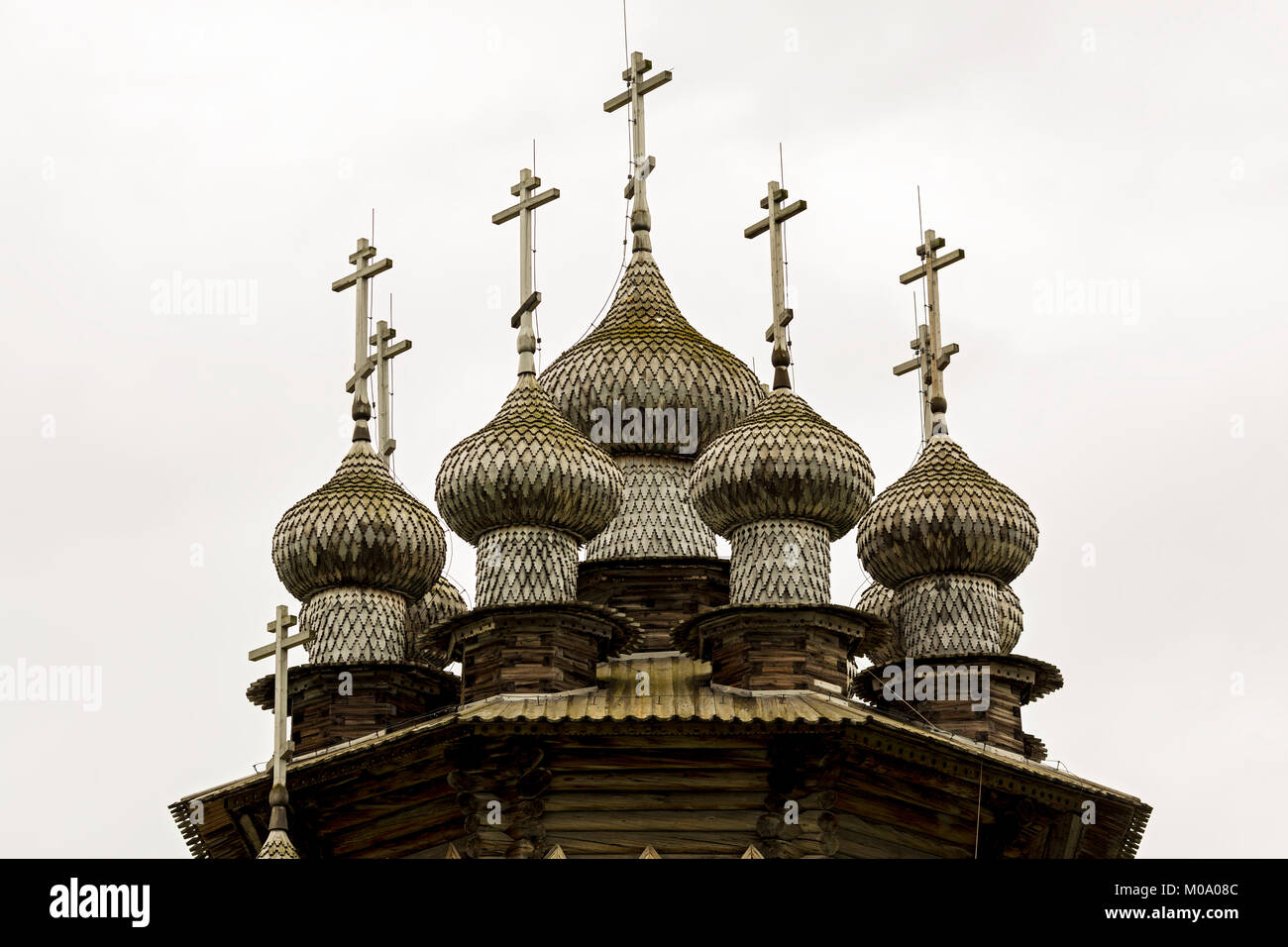 The domes of the christi transfiguration church on the island of Kizhi, Russia. Stock Photo