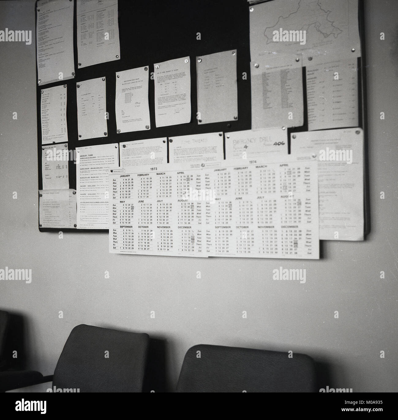1970s, historical picture, a company or workplace notice board or pin