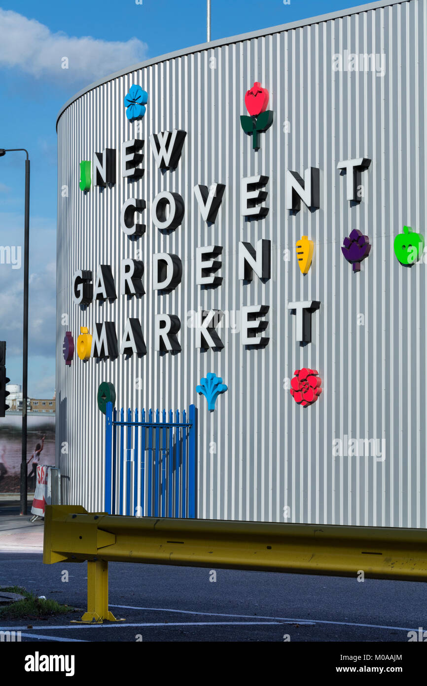 Closeup of signage outside the New Covent Garden Market at Nine Elms, Battersea, London, England, UK Stock Photo