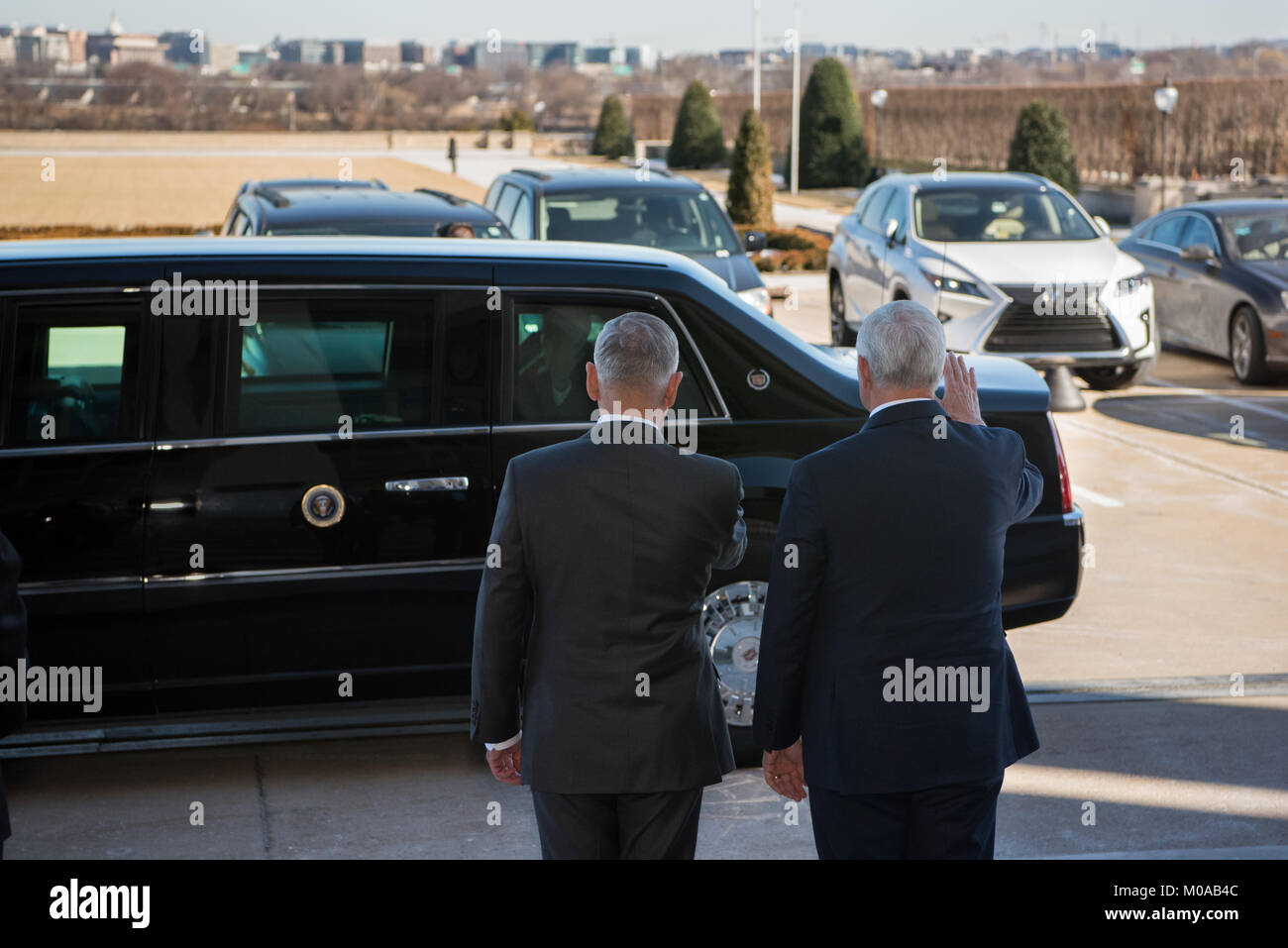 Defense Secretary James N. Mattis and Vice President Mike Pence wave to President Donald Trump as the president departs following a meeting at the Pentagon in Washington, D.C., Jan. 18, 2018. Stock Photo