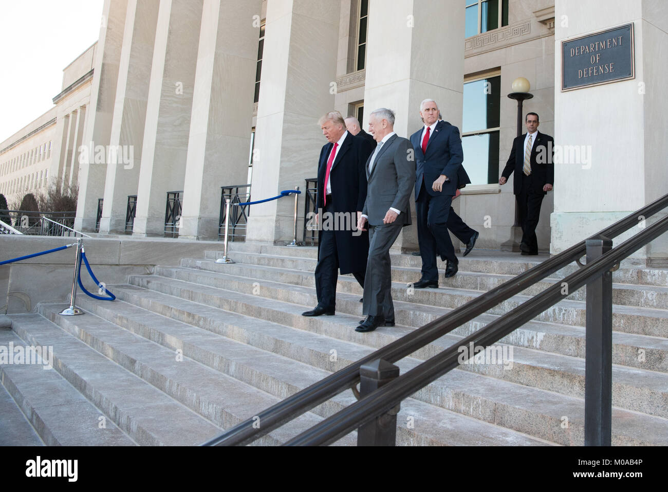 President Donald J. Trump walks with Defense Secretary James N. Mattis following a meeting at the Pentagon in Washington, D.C., Jan. 18, 2018 . Stock Photo