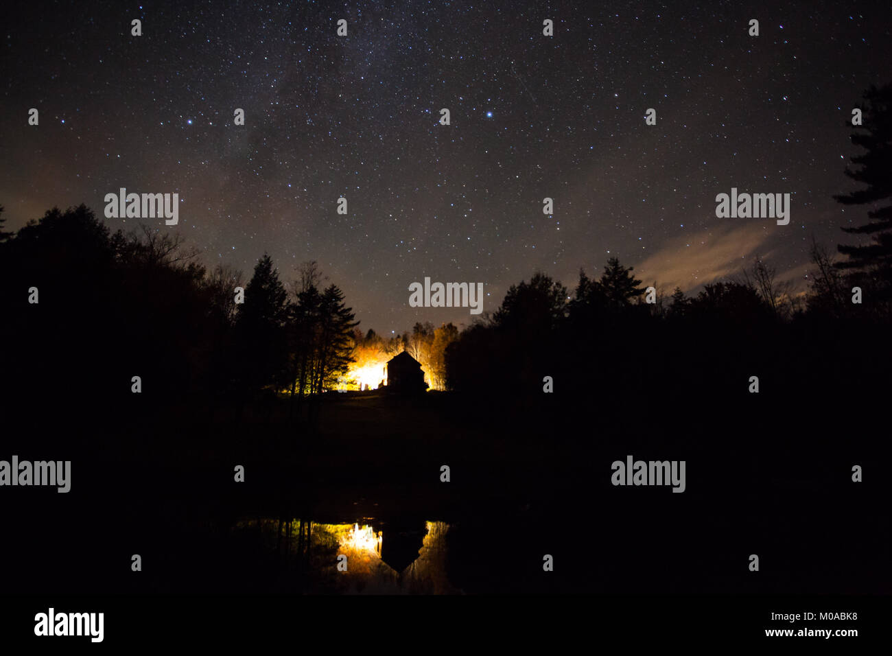 Country house at night under stars reflected in pond Stock Photo - Alamy