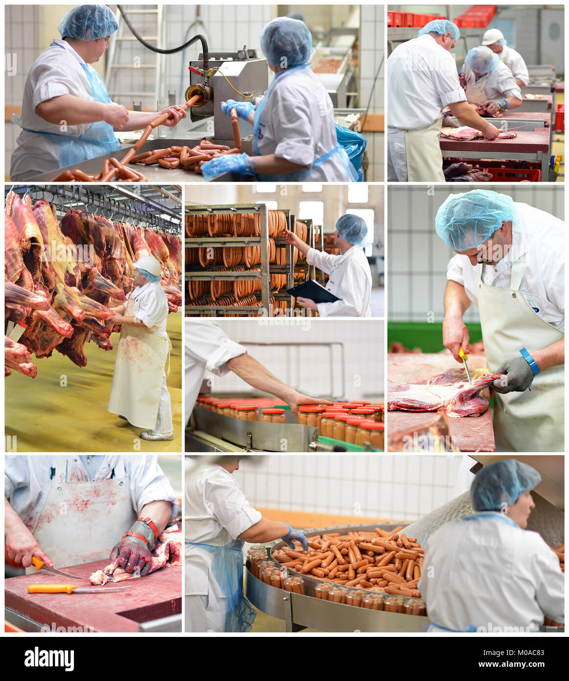 food industry - production of sausages, workers in a meat processing plant, cold store with pork and beef halves, canned meat production Stock Photo