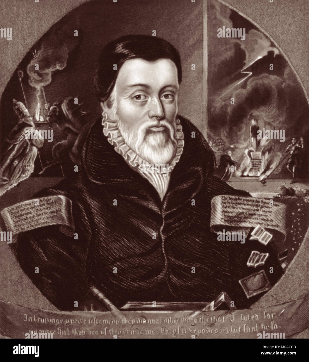 William Tyndale (1494 - 1536) was an English scholar and leading figure in the Protestant Reformation who, defying the Catholic Church and English government, translated the Bible into English, for which he was strangled and burnt at the stake in 1536. Stock Photo