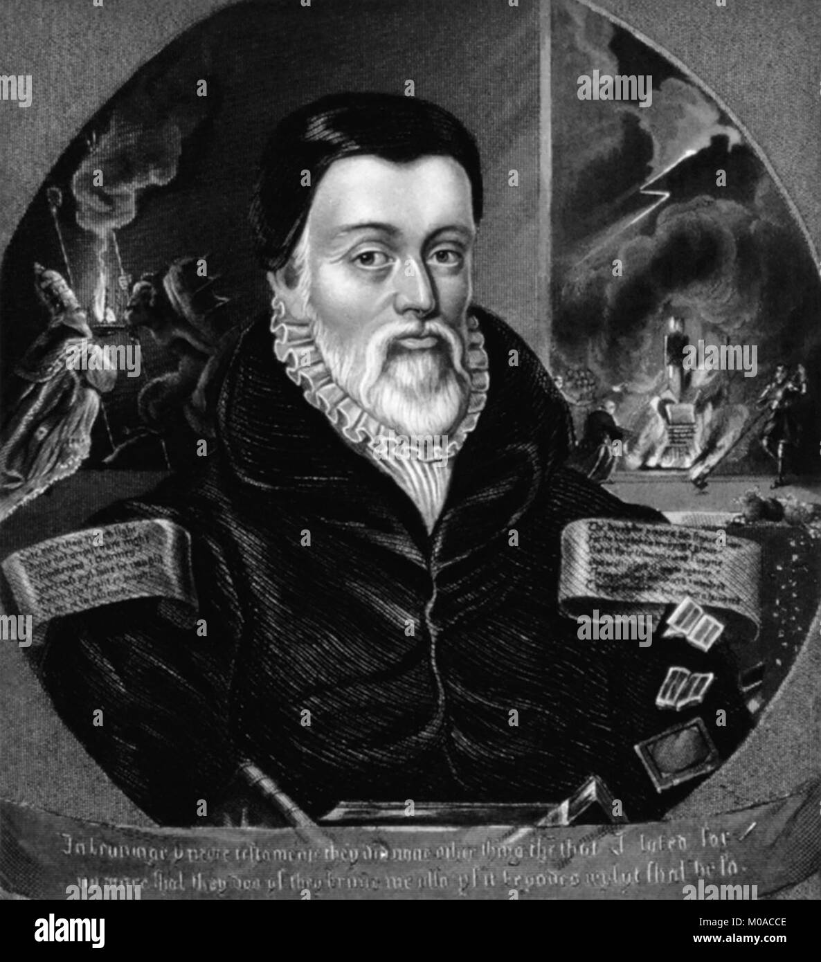 William Tyndale (1494 - 1536) was an English scholar and leading figure in the Protestant Reformation who, defying the Catholic Church and English government, translated the Bible into English, for which he was strangled and burnt at the stake in 1536. Stock Photo