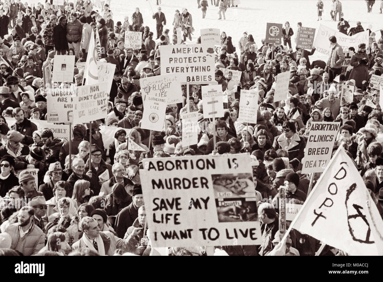 'Right to Life' demonstration at The White House and The Capitol in Washington, D.C. on January 23, 1978, marking five years since the Supreme Court's 1973 Roe vs. Wade decision allowing for the murder of unborn babies by abortion. Stock Photo