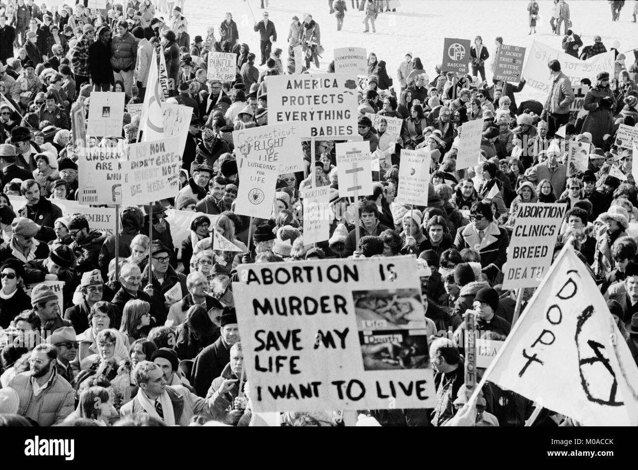 'Right to Life' demonstration at The White House and The Capitol in Washington, D.C. on January 23, 1978, marking five years since the Supreme Court's 1973 Roe vs. Wade decision allowing for the murder of unborn babies by abortion. Stock Photo