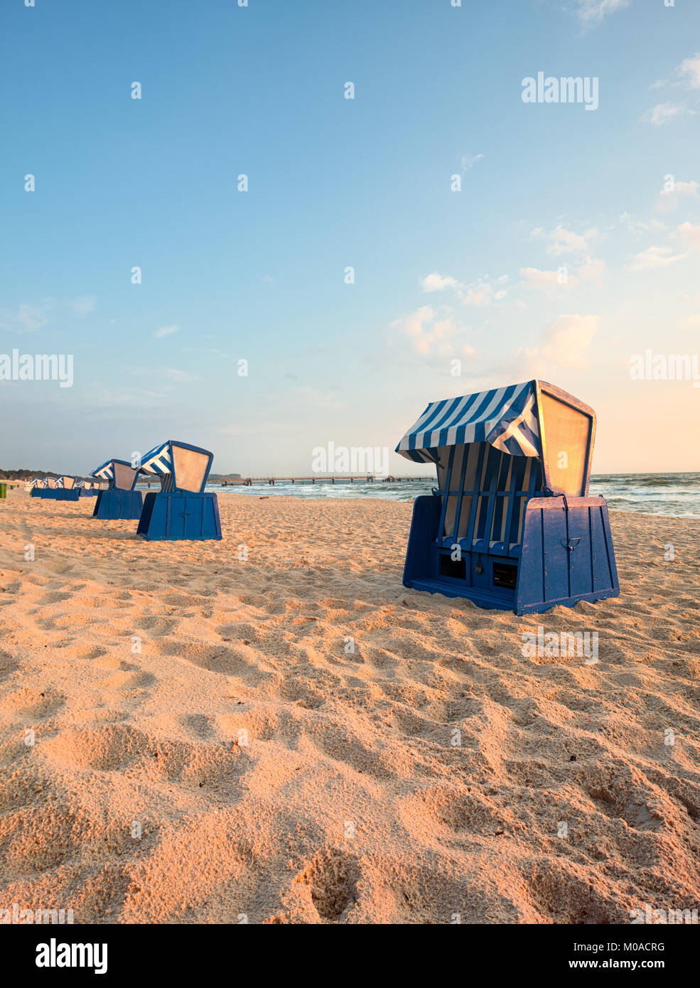 Beach chairs in in Binz, Ruegen Island, Germany, early in the morning Stock Photo