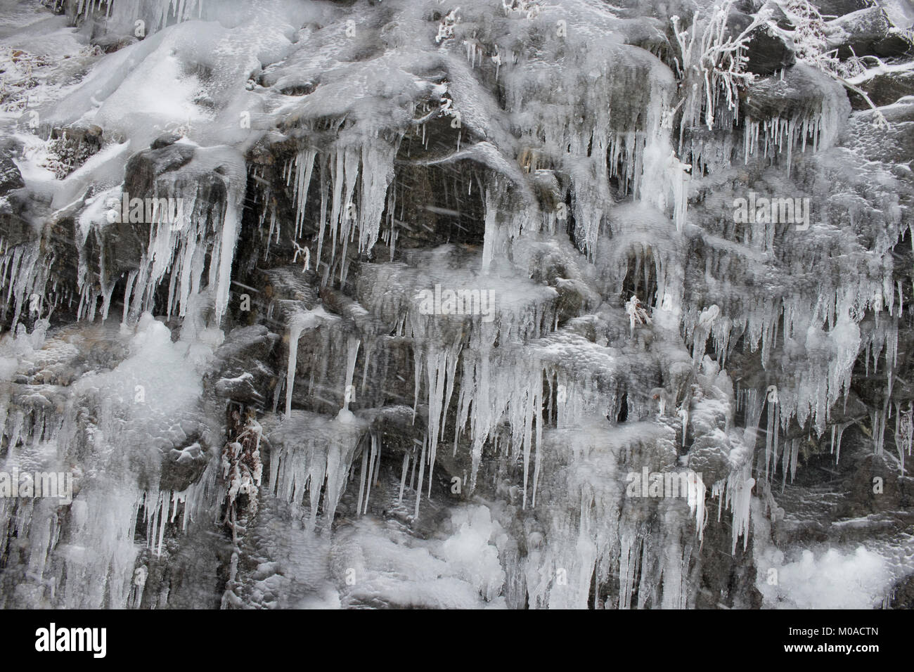 winter image of a frozen ice wall or cliff with ice sickles. Stock Photo