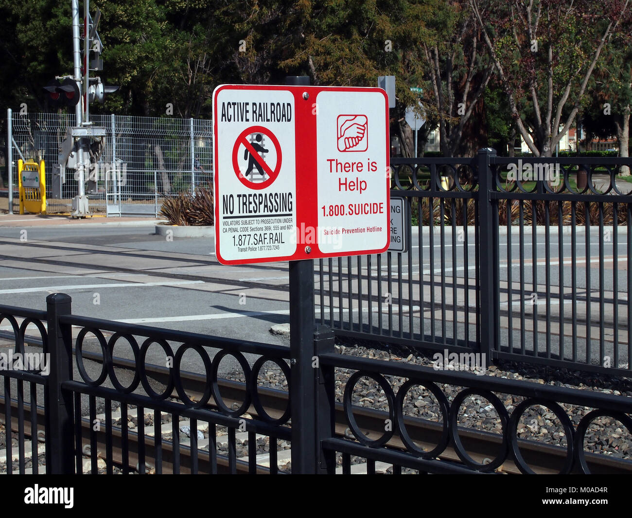 suicide prevention sign, Burlingame railroad crossing, California, USA ...