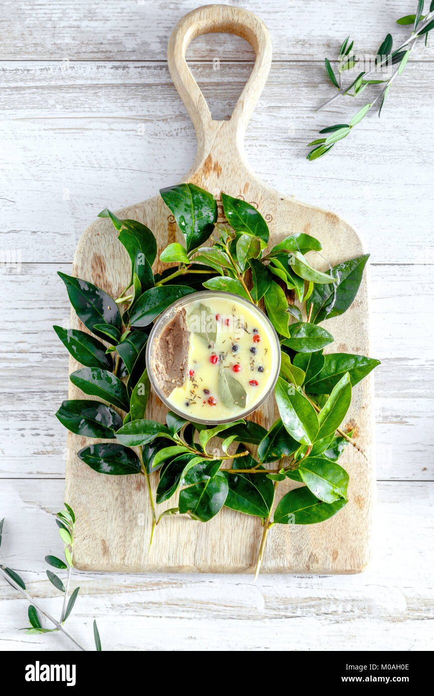 Chicken liver pate jar covered with melted butter and decorated with