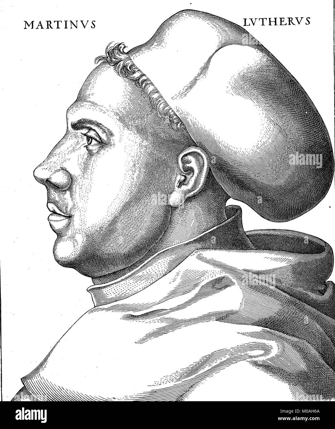 Portrait of Martin Luther at the age of 38 years in his habit, 10 November 1483 - 18 February 1546, was a German professor of theology, composer, priest, and monk, and a seminal figure in the Protestant Reformation, after an original engraving by Lucas Cranach, digital improved reproduction of an original from the year 1880 Stock Photo