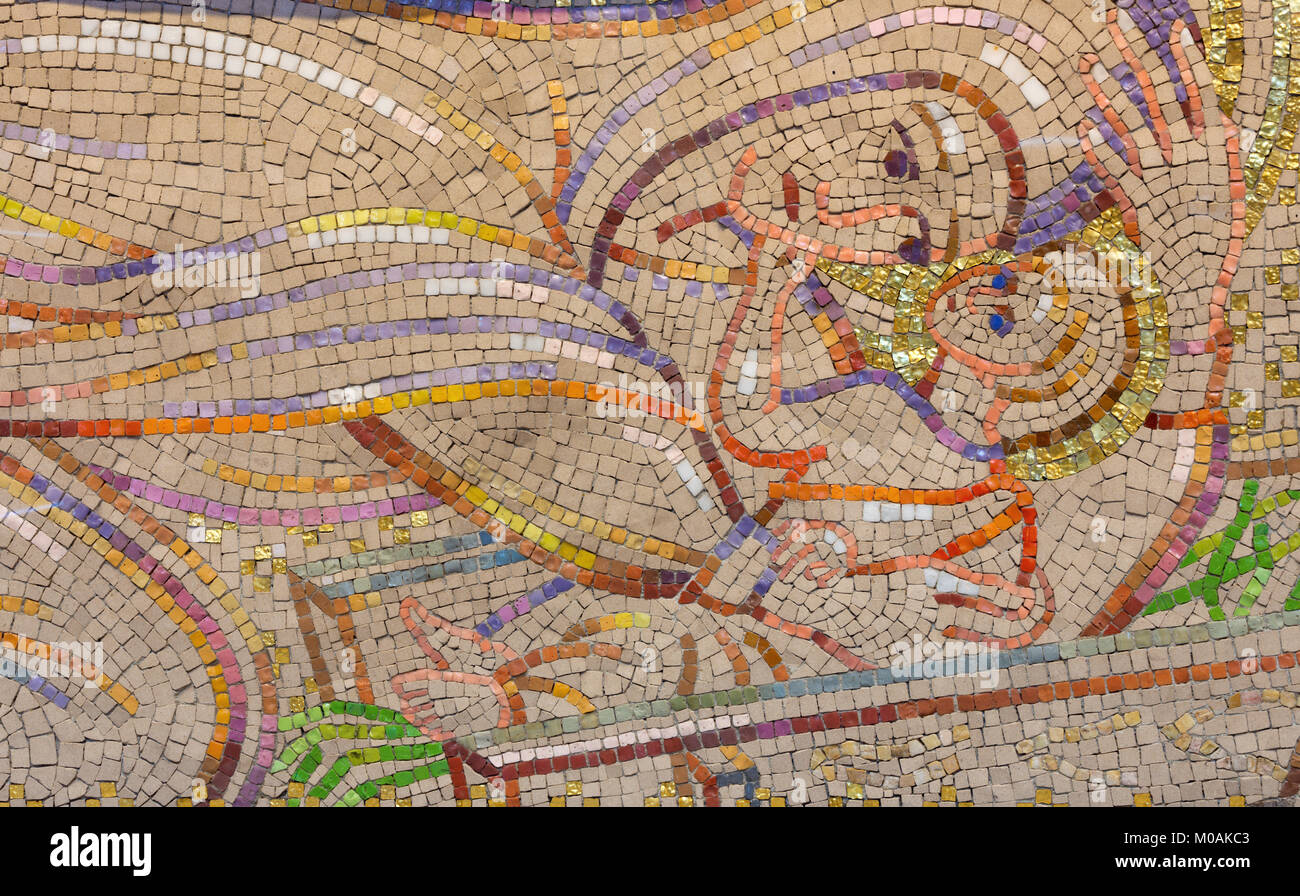 LONDON, GREAT BRITAIN - SEPTEMBER 18, 2017: The modern mosaic of Nativity in church Notre Dame de la France by Boris Anrep from year 1954. Stock Photo