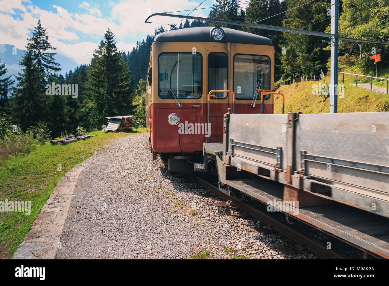 Mountain train from Grutschalp to Murren in summer. Wengen - Bernese ...