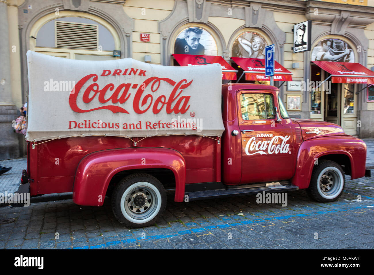 Vintage Ford F100 pick up, Coca-cola truck in front of 'James Dean Bar', Dlouha Street Prague Czech Republic, Europe Stock Photo