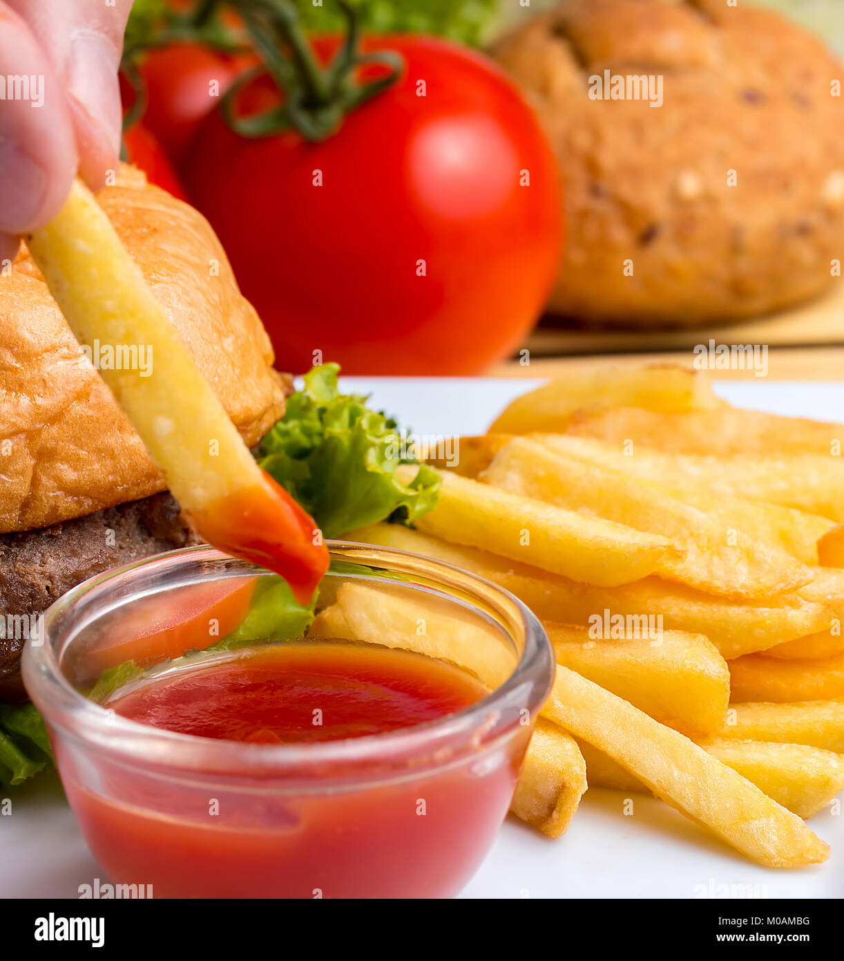 French Fries Showing Ketchup Chips And Fatty Stock Photo Alamy
