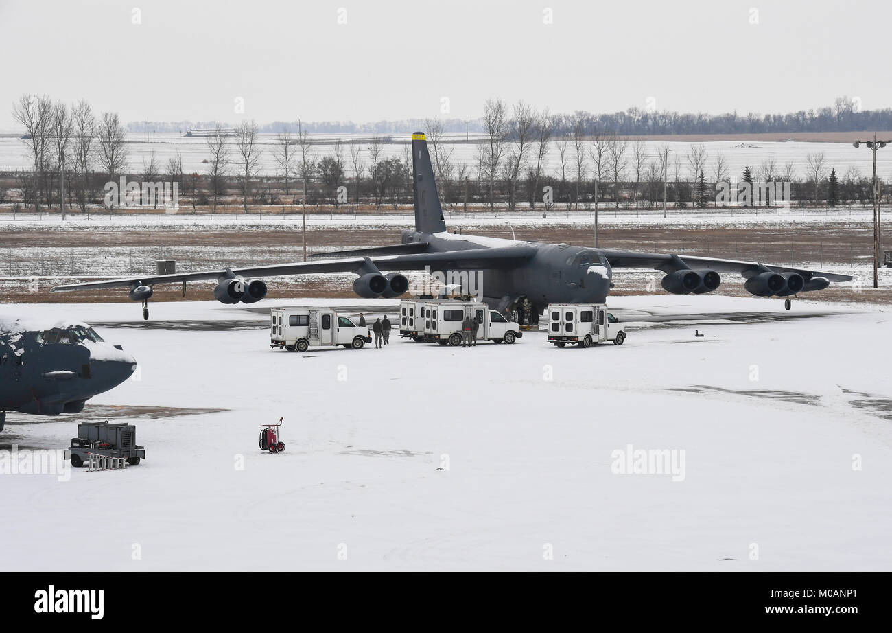 A B-52H Stratofortress assigned to Air Force Global Strike Command (AFGSC) prepares to take off from Minot Air Force Base, N.D., Nov. 4, 2017, during exercise Global Thunder 18. Stock Photo