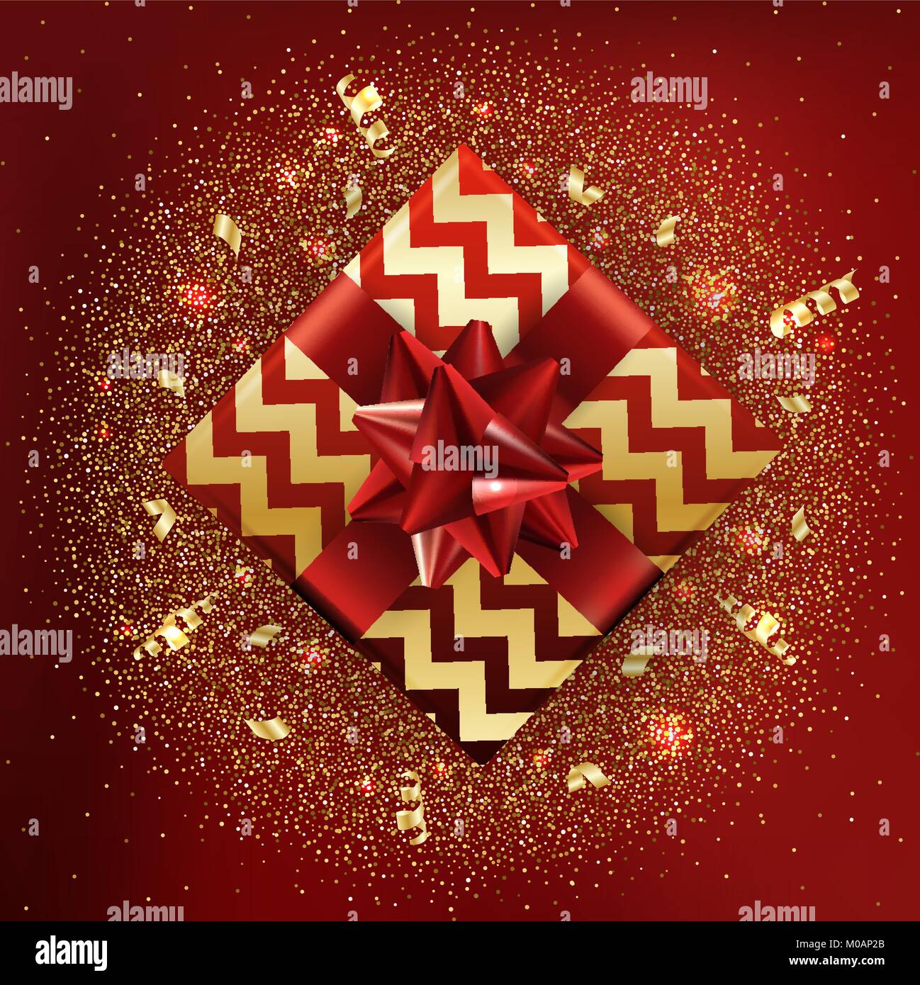 Gold gift boxes and confetti on red background. Birthday template. Stock Vector