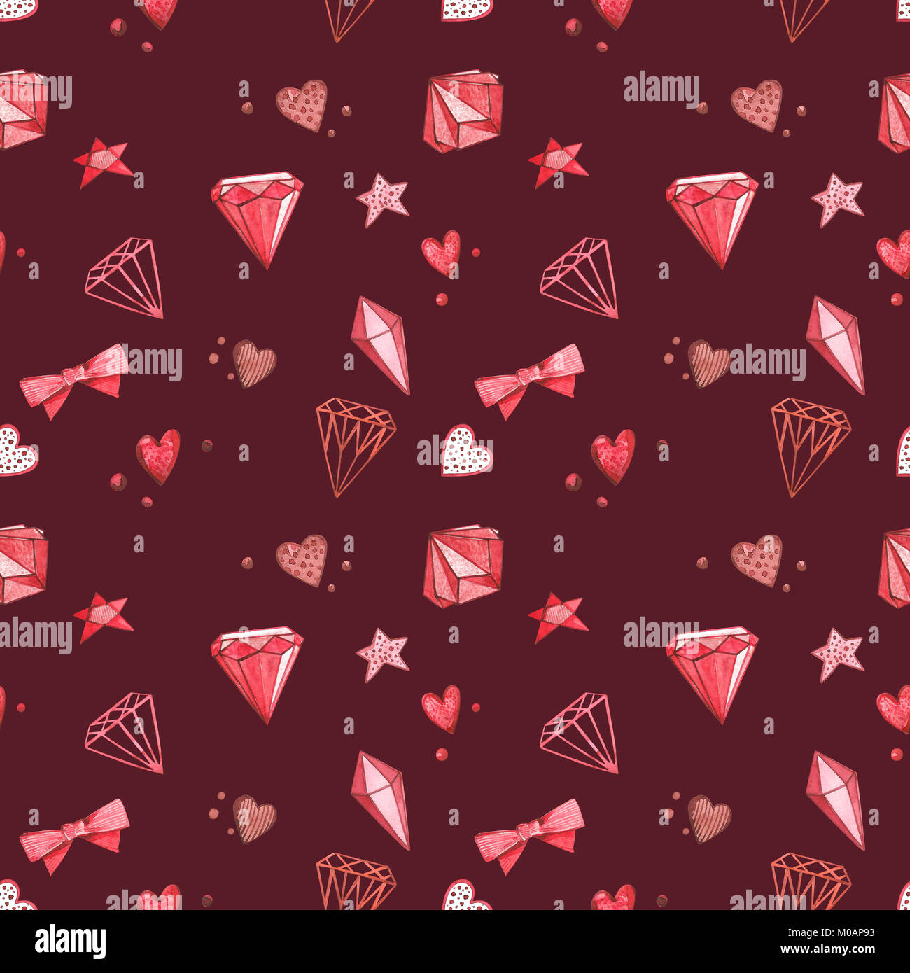 Seamless patterns. Pink Watercolor set of elements for Valentine's day