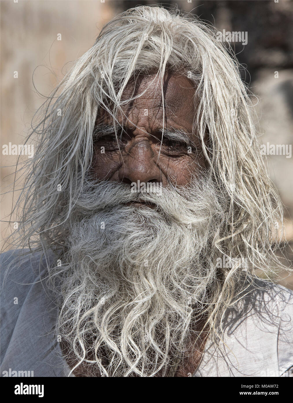 Old baba with white hair and beard, Pushkar, Rajasthan, India Stock Photo