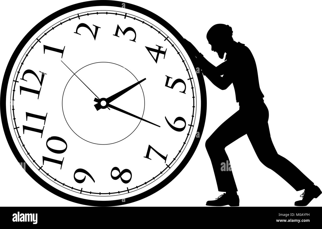 Editable vector silhouette illustration of an old man pushing a clock as a concept of rolling back time Stock Vector
