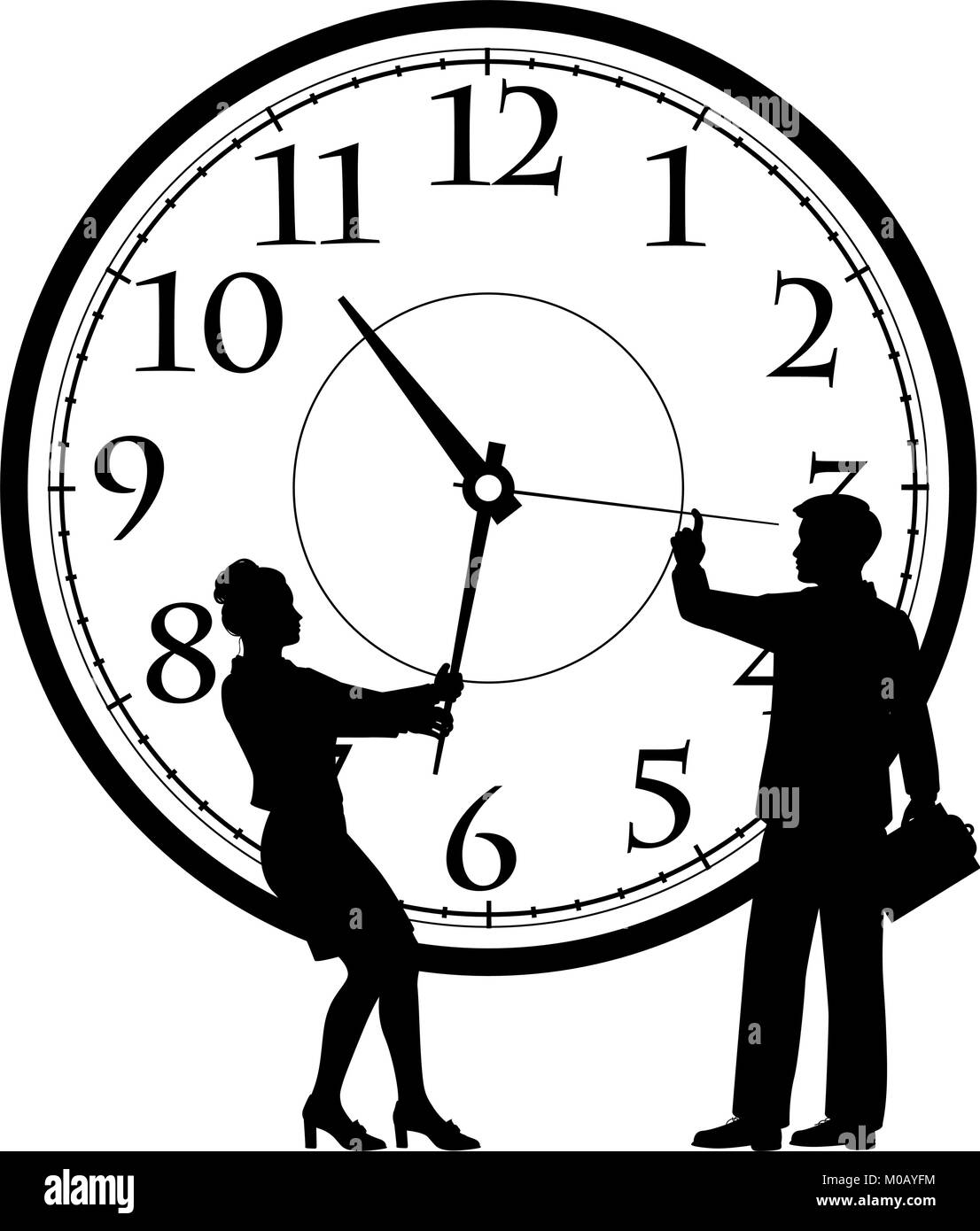 Editable vector silhouette illustration of a businessman and businesswoman adjusting a clock as a time management concept with figures as separate obj Stock Vector