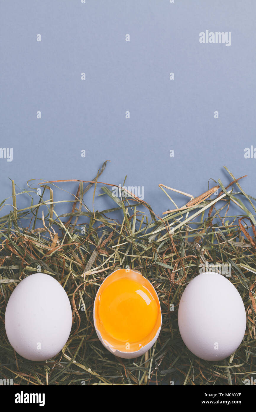 White eggs is laying in row, one of them is bisected and shows yolk. Stock Photo