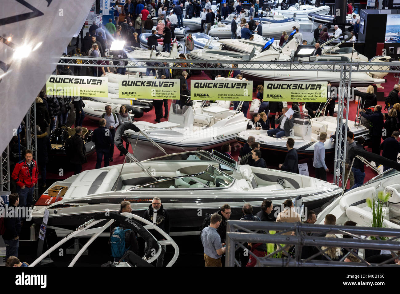 Düsseldorf, Germany. Yachts on display. boot Düsseldorf 2018, the world's greatest boat & watersports show opens at Düsseldorf Exhibition Center. With 1,923 exhibitors from 68 countries, including 1,085 international manufacturers, boot Düsseldorf runs until 28 January 2018. Stock Photo