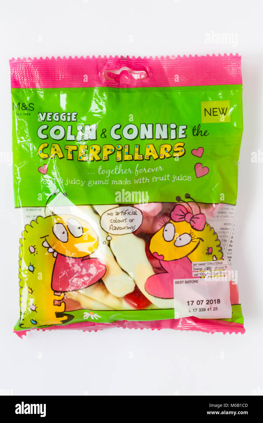 packet of M&S Veggie Colin & Connie the Caterpillars together forever sweets isolated on white background - soft & juicy gums made with fruit juice Stock Photo