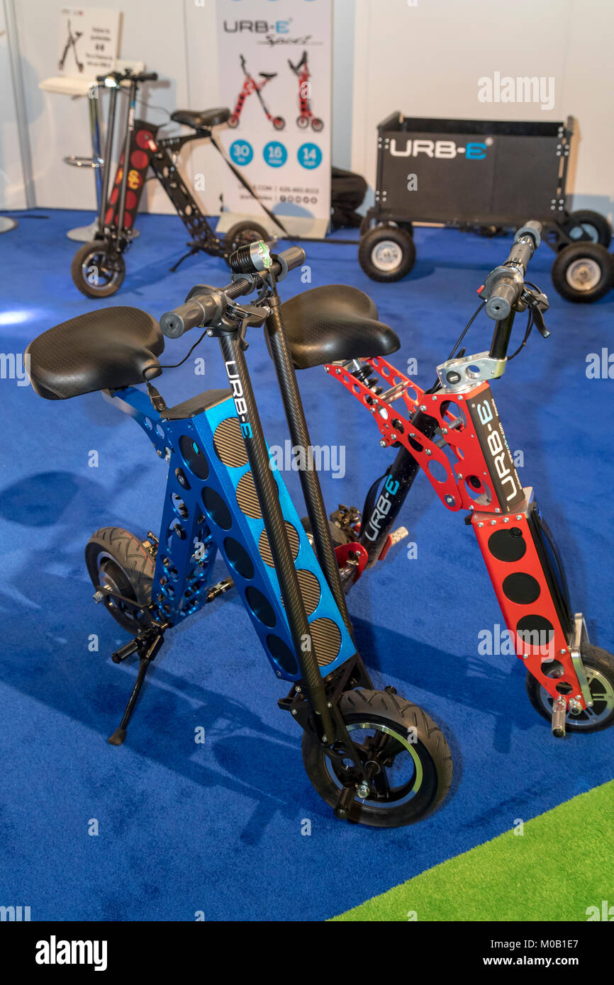 Detroit, Michigan - Lightweight foldable electric scooters developed by URB-E on display at the North American International Auto Show. The scooters c Stock Photo